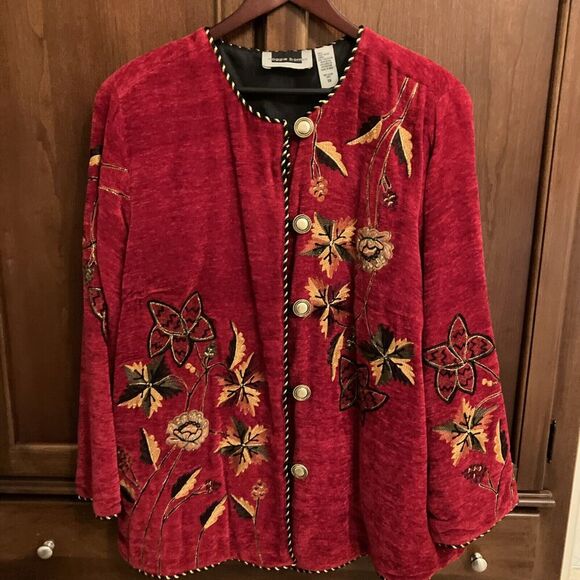 Maggie Barnes Women's Sweater Red 1X Loop Button Embroidered‎ Fall Leaves Gold - Picture 1 of 11